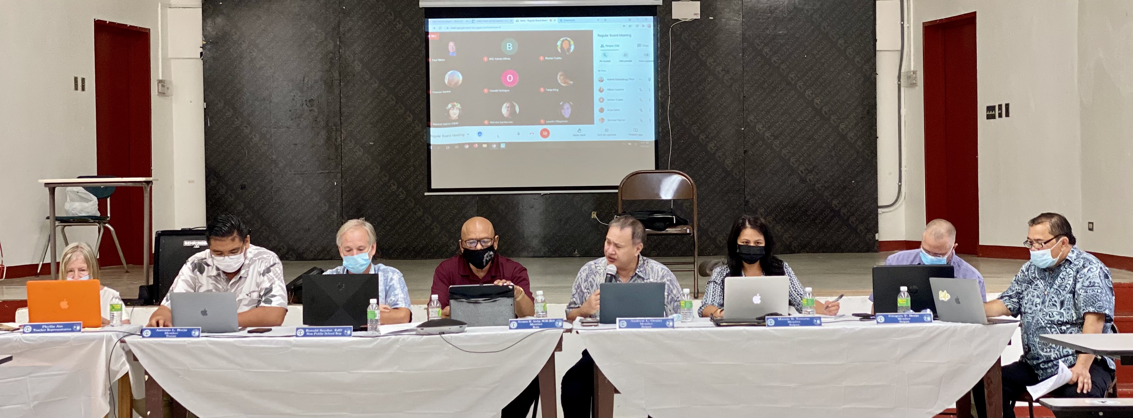 From left, teacher representative Phyllis Ain, Board of Education member Antonio Borja, non-public school representative Dr. Ron Snyder, BOE Vice Chairman Herman Atalig, Chairman Andrew L. Orsini,  member Maisie B. Tenorio, member Gregory Borja and Commissioner of Education Dr. Alfred B. Ada