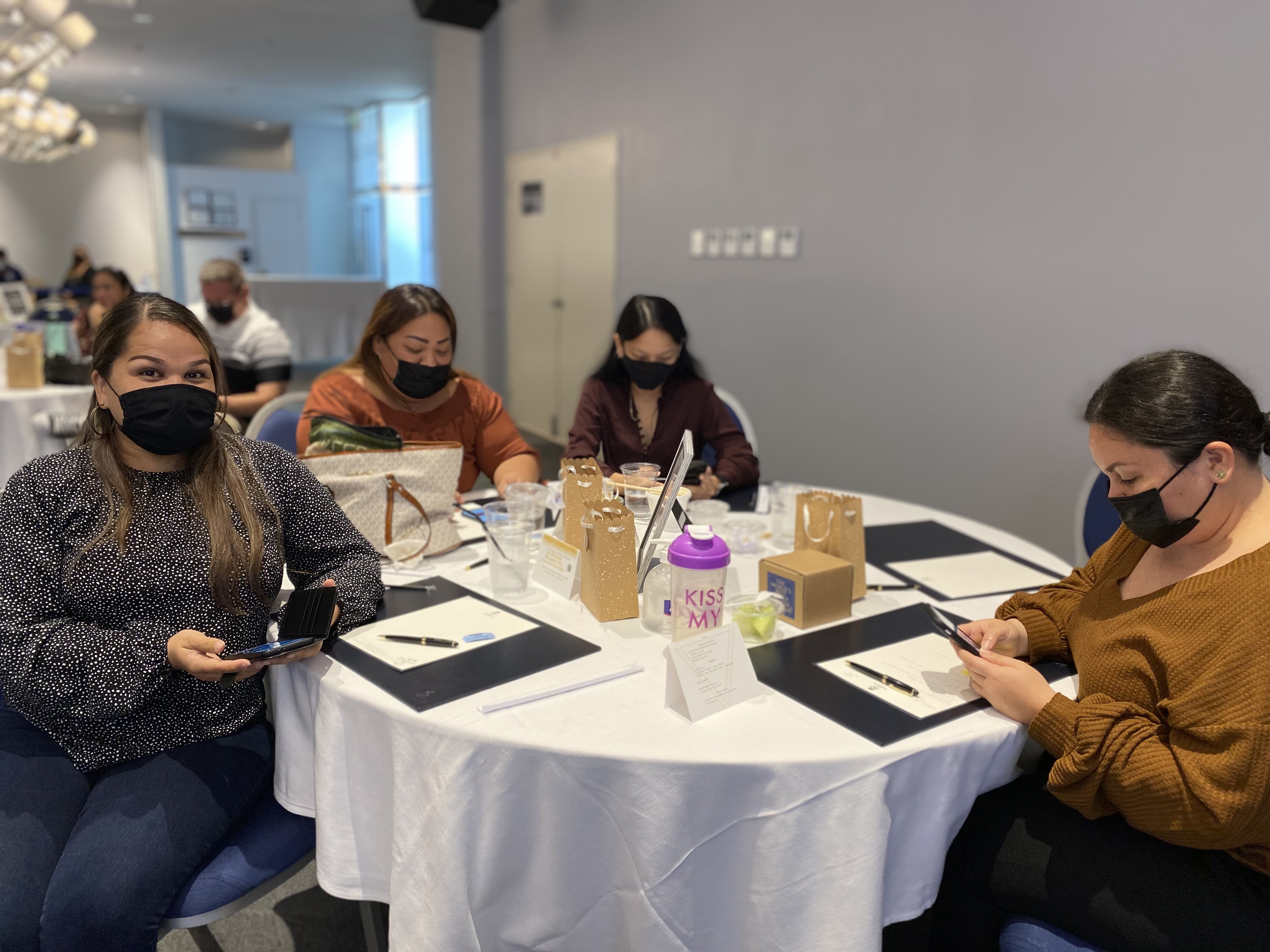 From left, Francisco M. Sablan Middle School vice principal Carla Sablan, Marianas High School vice principal Melanie Rdiall, William S. Reyes Elementary School vice principal Jocelyn Manibusan, and Chacha Oceanview Middle School vice principal Leah Murphy participate in a technology-driven activity.