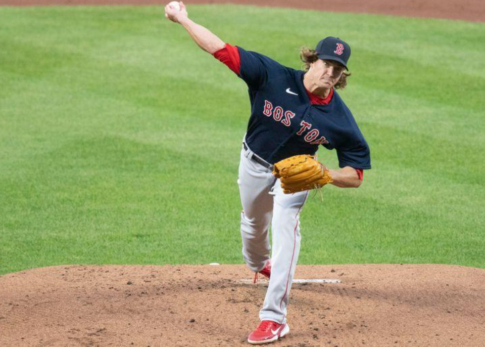 Boston Red Sox starting pitcher Garrett Richards (43) delivers pitch during the first inning against the Baltimore Orioles at Oriole Park at Camden Yards in Baltimore, Maryland on April 10, 2021.Photo by Tommy Gilligan-USA TODAY Sports