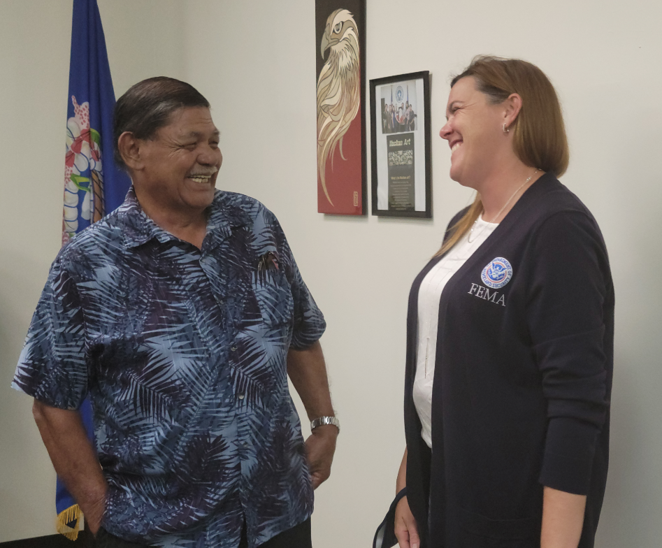 Senate Fiscal Affairs Committee Chairman Victor Hocog exchanges pleasantries with FEMA recovery office director Sheryl Cochran on Monday in the governor's conference room.Photo by K-Andrea Evarose S. Limol