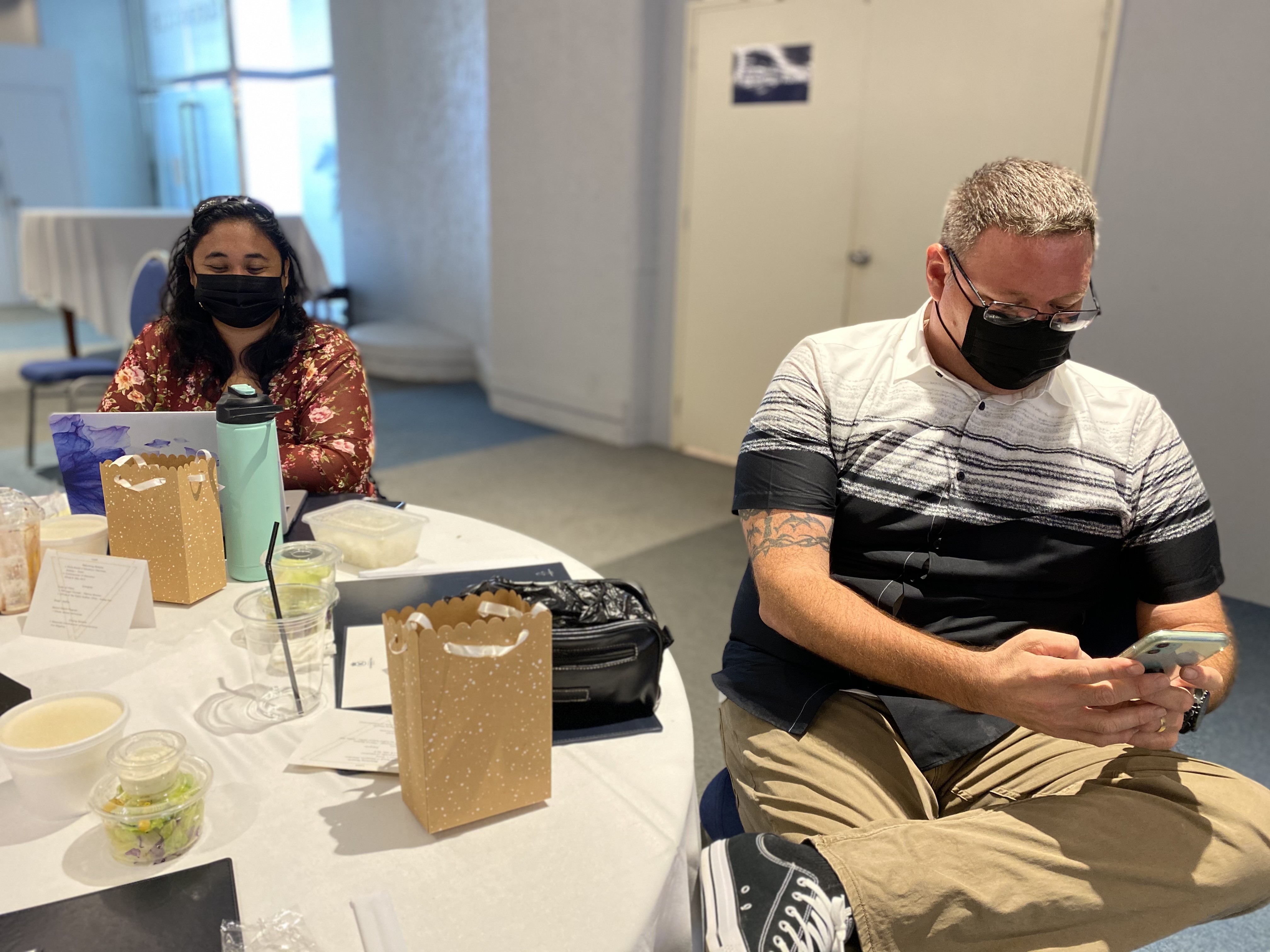 From left, Gregorio T. Camacho Elementary School vice principal Melisa Mendez and Garapan Elementary School vice principal Derwin Johnson participate in a technology-driven activity as part of a professional development session.