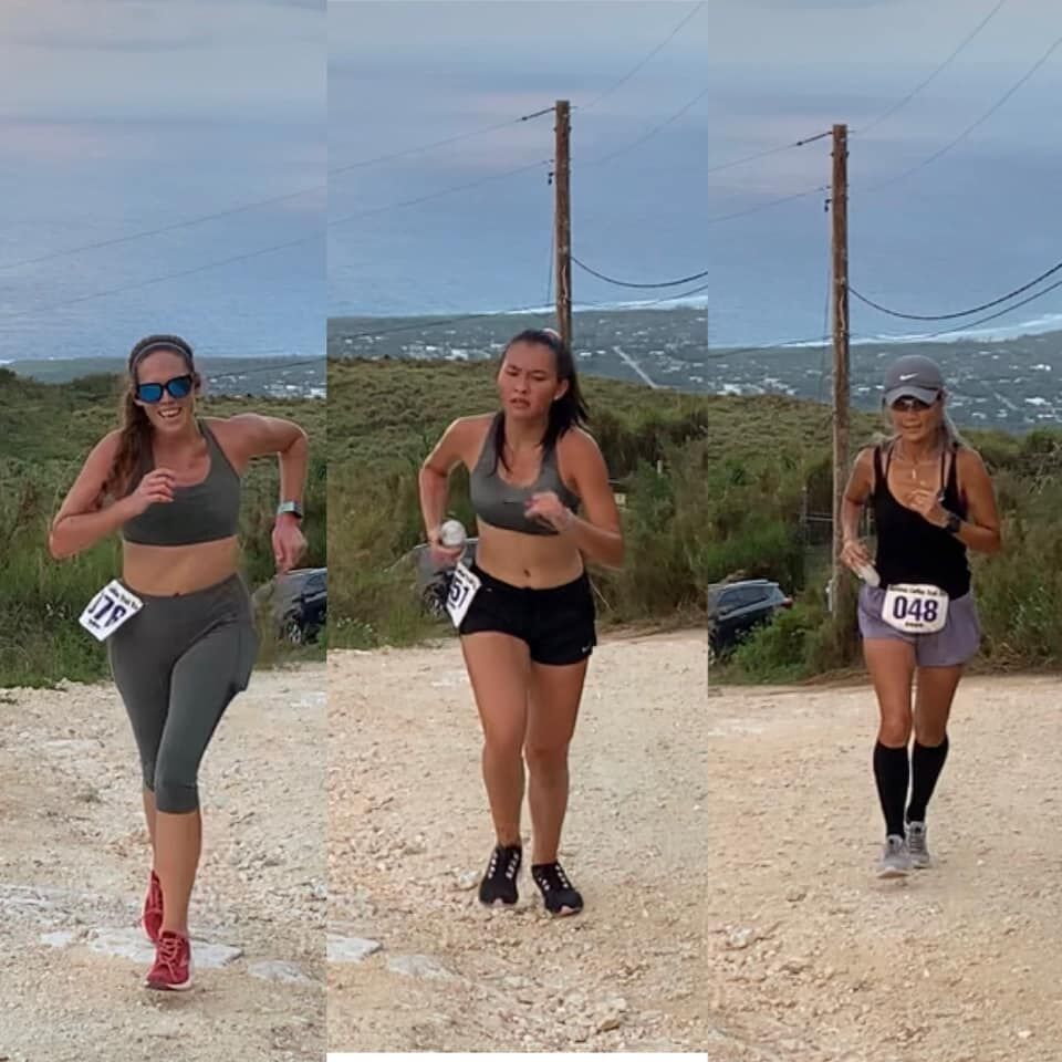Denise Myers, Tiana Cabrera and Ayano Braxton make their way to the summit of Mount Tapochao in these combination photos.Contributed photos