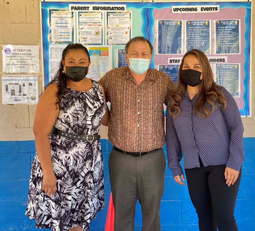 Board of Education Chairman Andrew L.  Orsini With Francisco Middle School principal Cherlyn Cabrera-Osung and vice principal Carla Sablan.