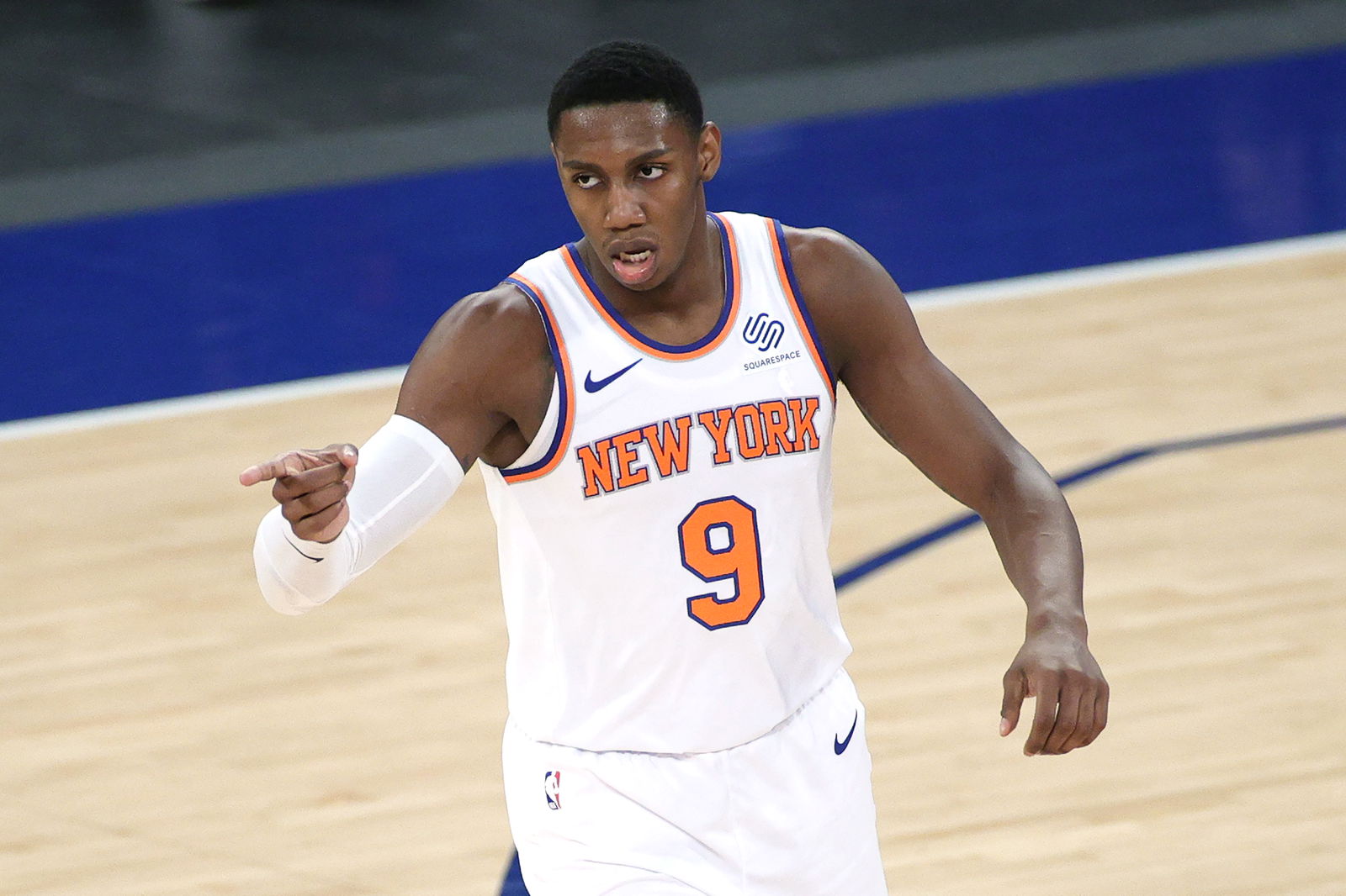 RJ Barrett #9 of the New York Knicks reacts after scoring during the second half against the Charlotte Hornets at Madison Square Garden in New York, Tuesday.Photo by Sarah Stier/POOL PHOTOS-USA TODAY Sports