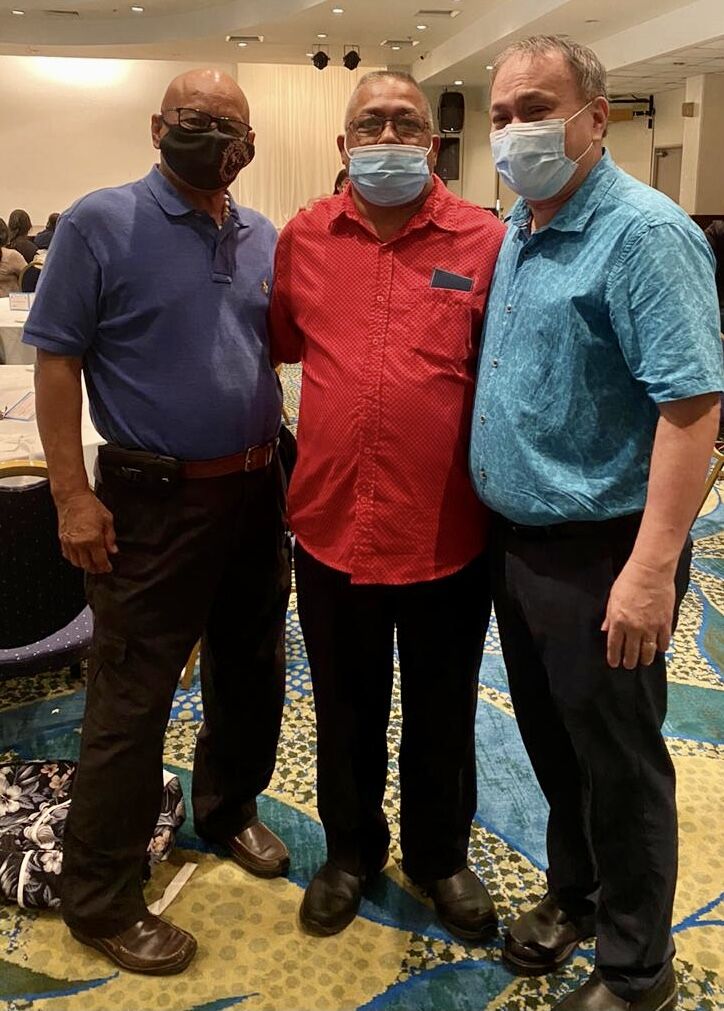PSS 2021 State Administrative Support Staff Donald San Nicolas of San Vicente Elementary with Board of Education Vice Chairman Herman Atalig and Chairman Andrew L. Orsini.