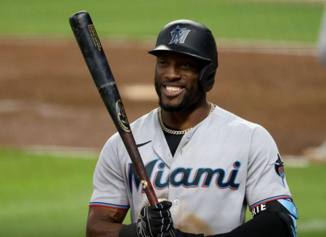 Miami Marlins center fielder Starling Marte reacts after striking out against the Atlanta Braves during the ninth inning at Truist Park in Atlanta, Georgia on April 13, 2021.Photo by Jason Getz-USA TODAY Sports