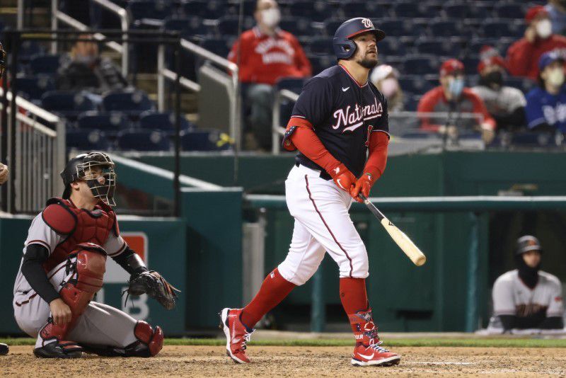 Washington Nationals left fielder Kyle Schwarber (12) hits a walk-off home run against the Arizona Diamondbacks in the ninth inning at Nationals Park in Washington, D.C. on April 16, 2021.Photo by Geoff Burke-USA TODAY Sports