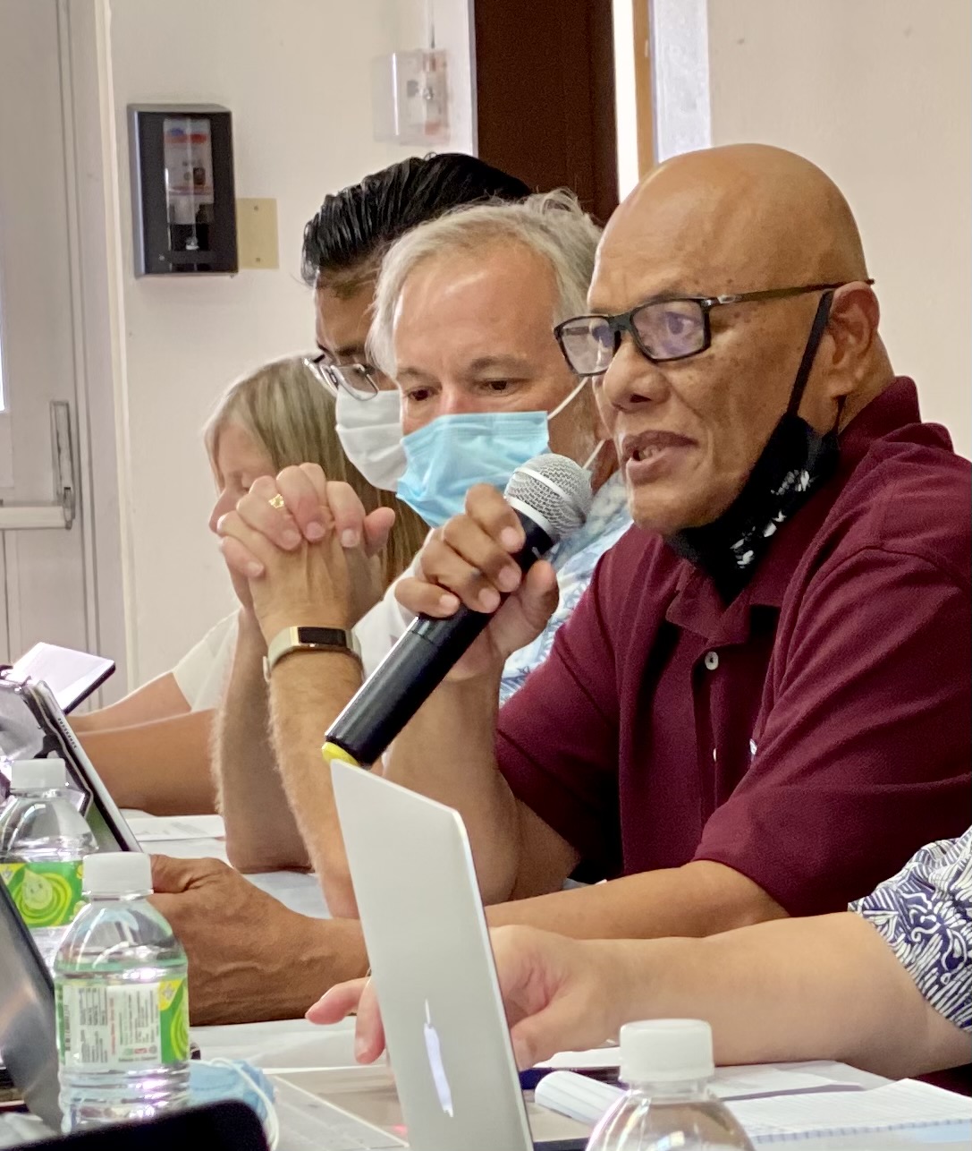 Board of Education Vice Chairman Herman Atalig speaks as non-public school representative Dr. Ron Snyder, BOE member Antonio Borja and teacher representative Phyllis Ain listen.