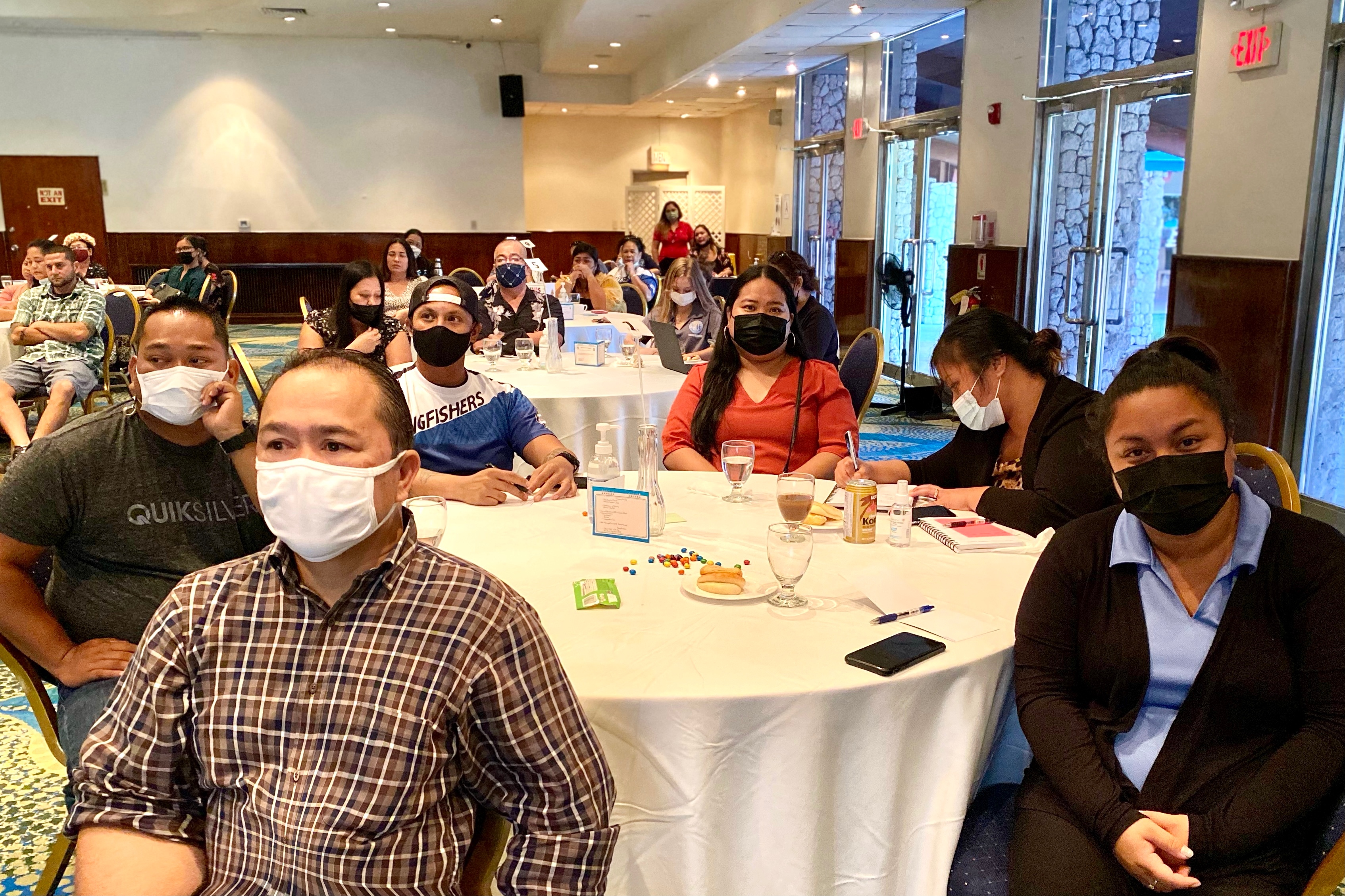 Loriann Mesngon (Sinapalo Elementary School), Vanessa Lizama and Tatiana Palacios (both from Head Start/Early Head Start), Roque Pulido (William S. Reyes Elementary School), and Demy Catubay (Sinapalo Elementary School) with Commissioner of Education Dr. Alfred B. Ada.