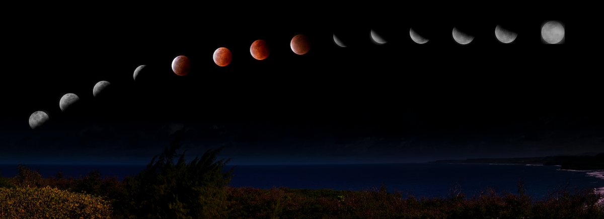 The progression of the Super Flower Blood lunar eclipse was captured between 8 and 11 p.m. on May 26 in Mangilao, Guam.