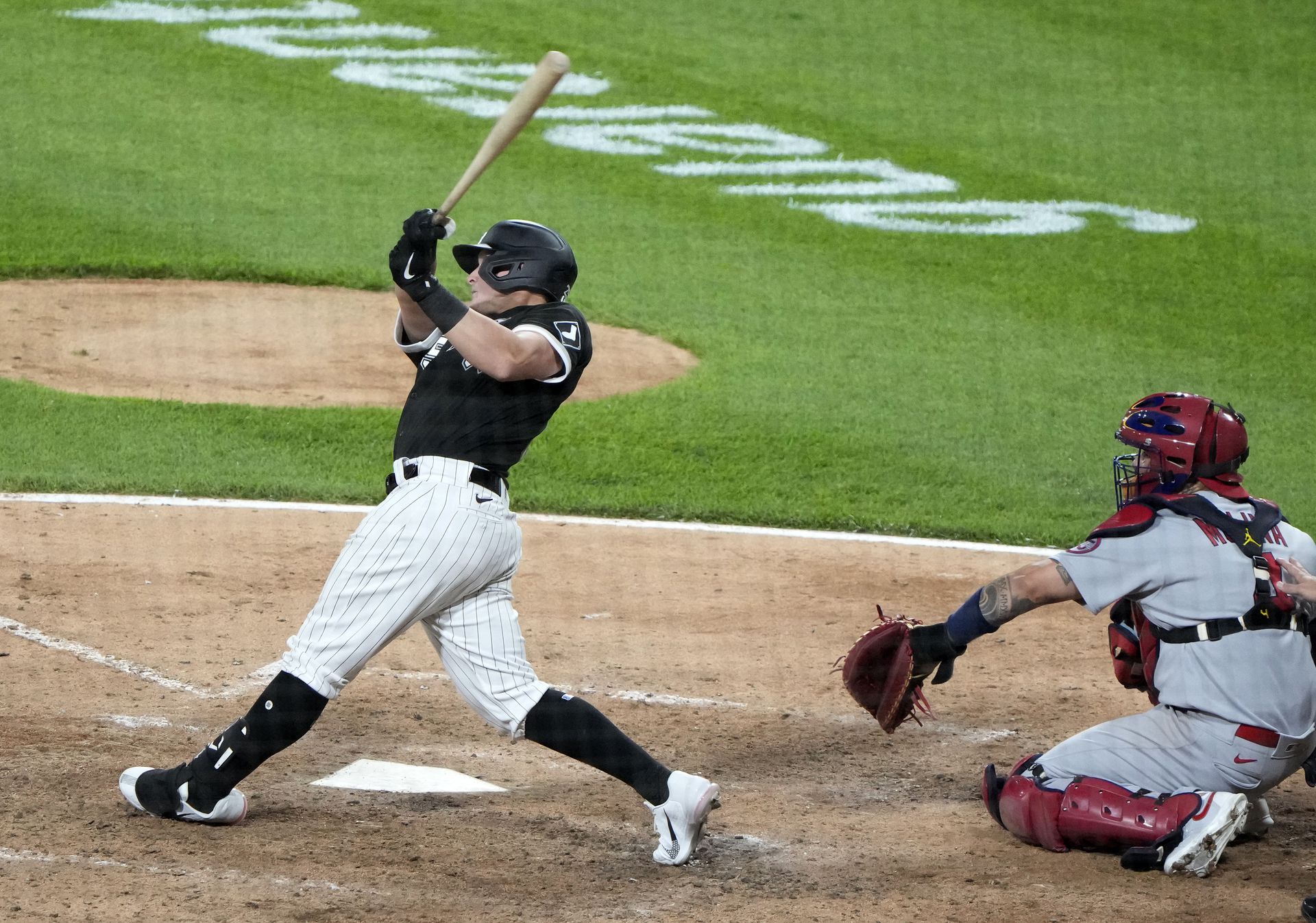 Chicago White Sox first baseman Andrew Vaughn (25) hits a two run home run against the St. Louis Cardinals during the sixth inning at Guaranteed Rate Field in Chicago, Illinois on May 24, 2021.Photo by Mike Dinovo-USA TODAY Sports