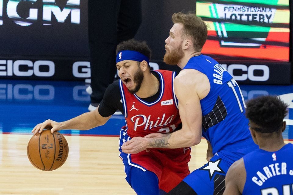 Philadelphia 76ers guard Seth Curry (31) drives against Orlando Magic forward Ignas Brazdeikis (17) during the second quarter at Wells Fargo Center in  Philadelphia, Pennsylvania, Friday.Photo by Bill Streicher-USA TODAY Sports