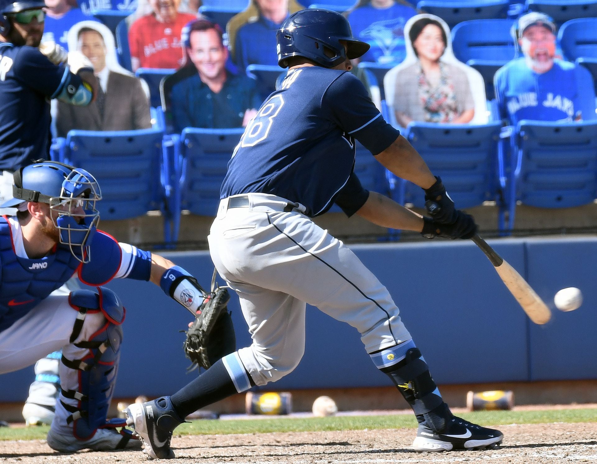 Tampa Bay Rays catcher Francisco Mejia (28) hits a two run single in the eleventh inning against the Toronto Blue Jays at TD Ballpark in Dunedin, Florida on May 24, 2021.Photo by Jonathan Dyer-USA TODAY Sports