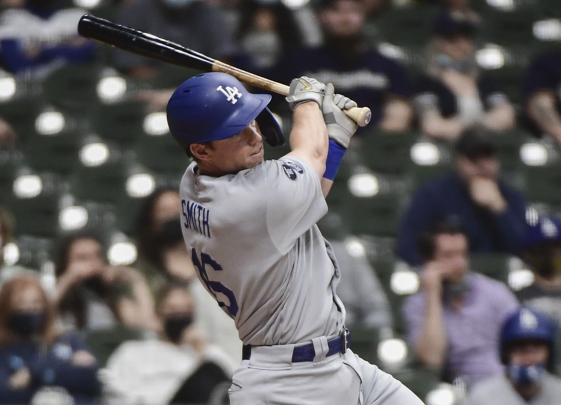 Los Angeles Dodgers catcher Will Smith (16) hits a two-run triple in the eleventh inning against the Milwaukee Brewers at American Family Field in Milwaukee, Wisconsin on May 1, 2021.Photo by Benny Sieu-USA TODAY Sports