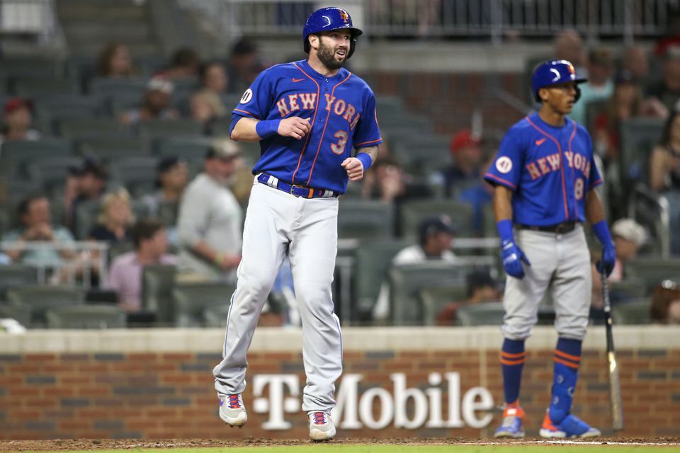 New York Mets catcher Tomas Nido (3) scores a run against the Atlanta Braves in the seventh inning at Truist Park in Atlanta, Georgia on May 17, 2021.Photo by Brett Davis-USA TODAY Sports