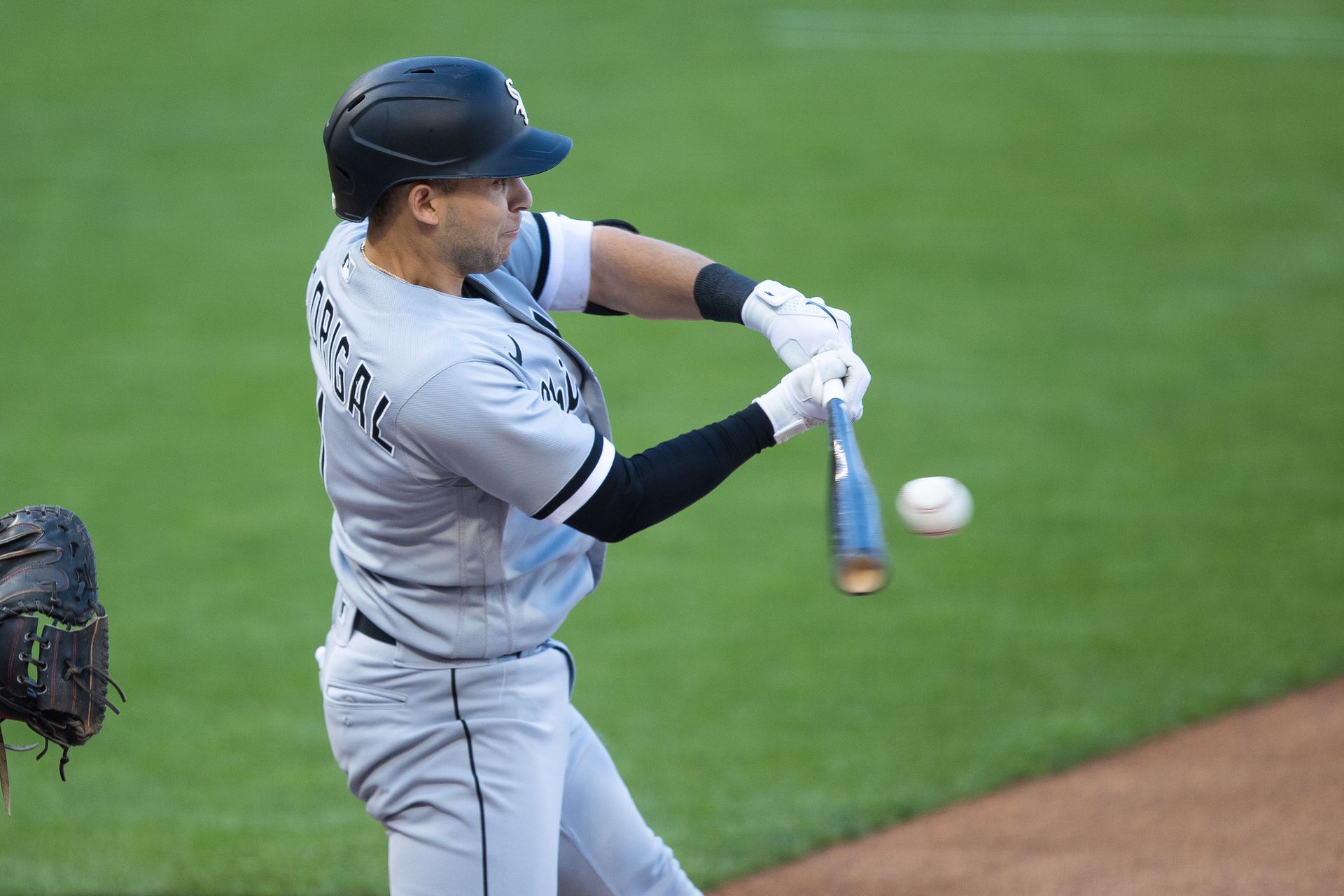 Chicago White Sox second baseman Nick Madrigal (1) hits a single during the first inning against the Minnesota Twins at Target Field in Minneapolis, Minnesota on May 17, 2021.Photo by Jordan Johnson-USA TODAY Sports