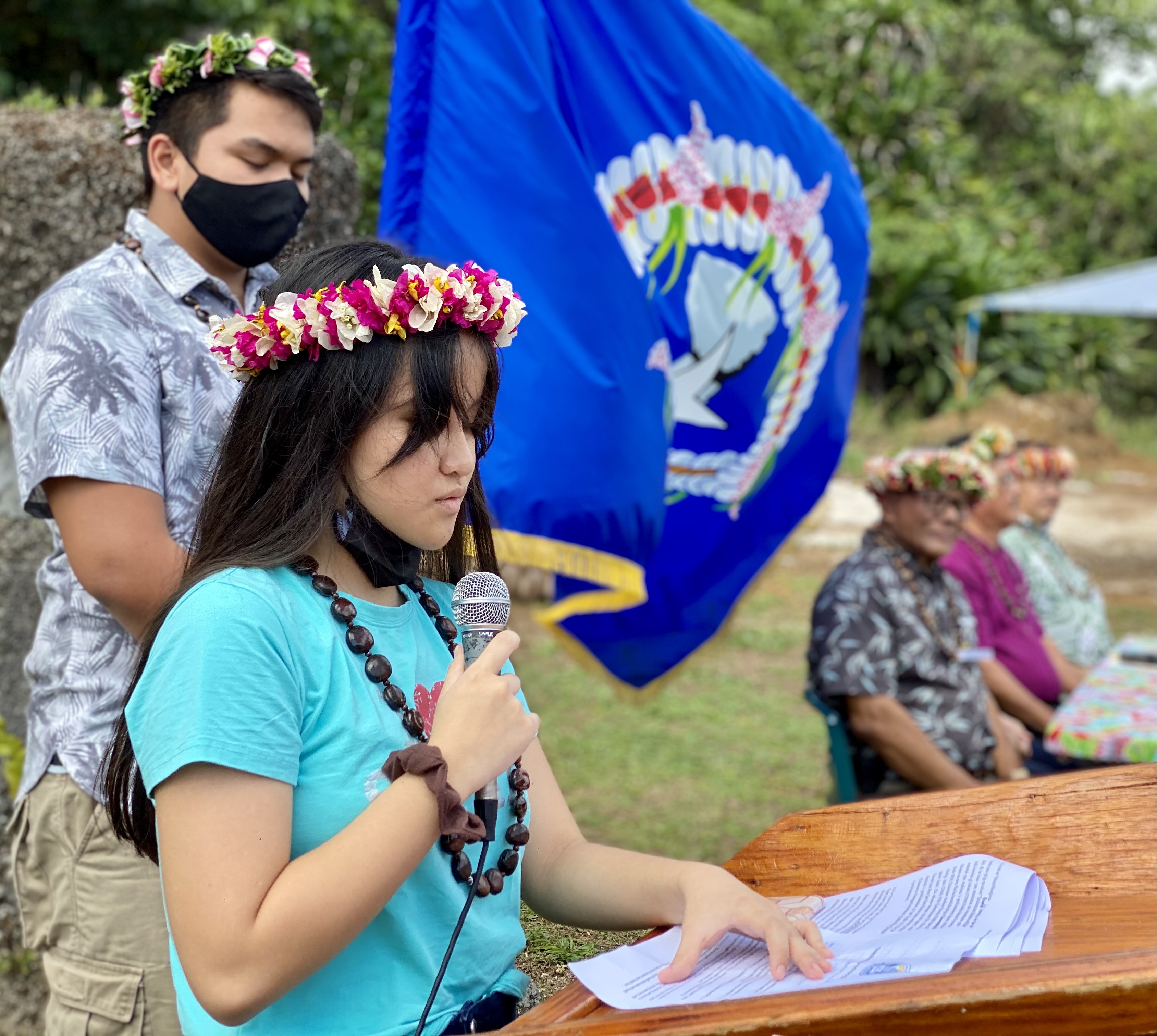 Rota students Katrina Tacud from Sinapalo Elementary School and Roy Joe San Nicolas from Dr. Rita H. Inos Jr.-Sr. High School read the Mental Health Awareness Month proclamation.