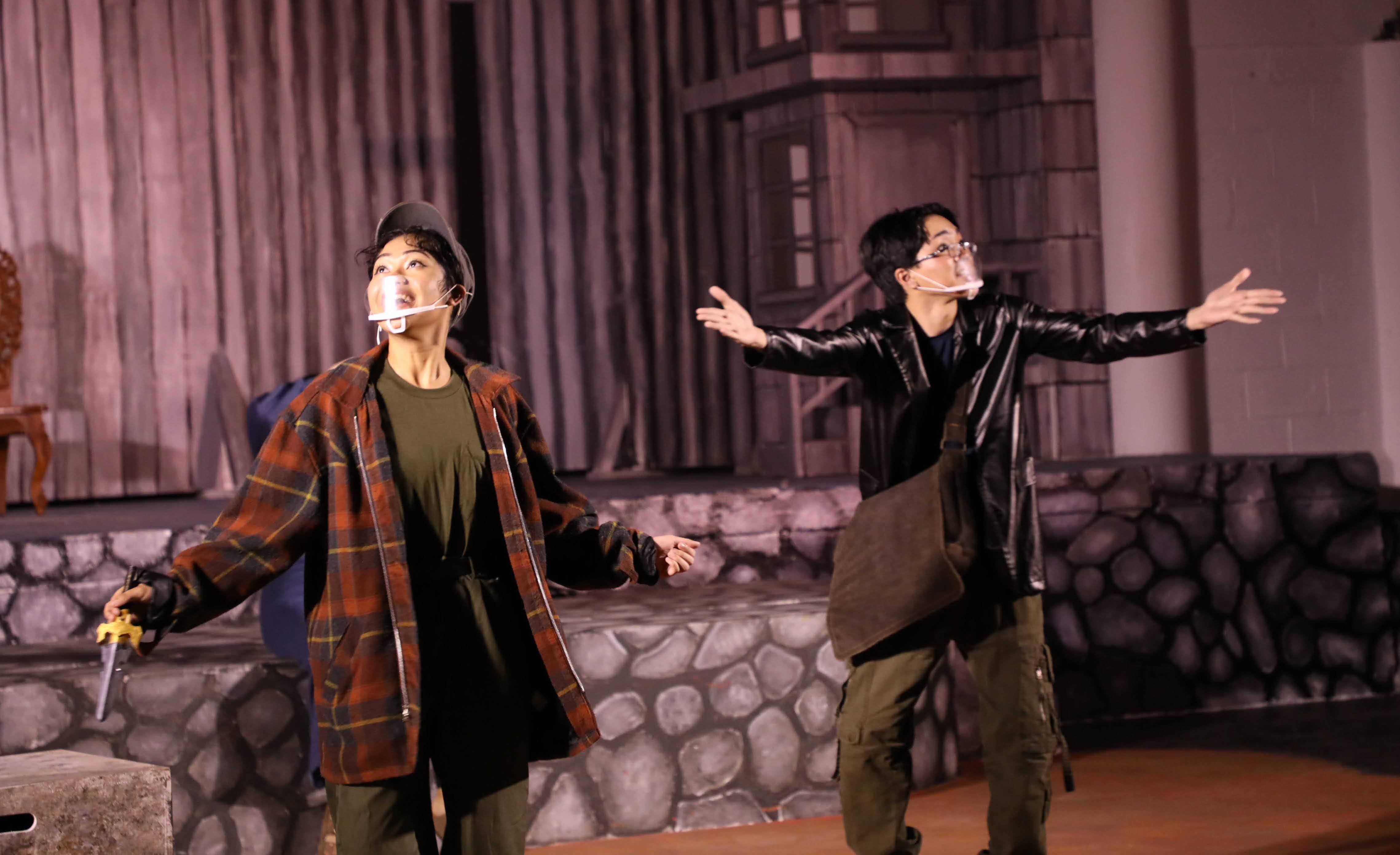 Excitement is in the air as Rosalind, Celia, and Touchstone successfully escape to the Forest of Arden. Rosalind is portrayed by Kina Dela Cruz, left, and Touchstone is portrayed by Brent Ortizo, right.