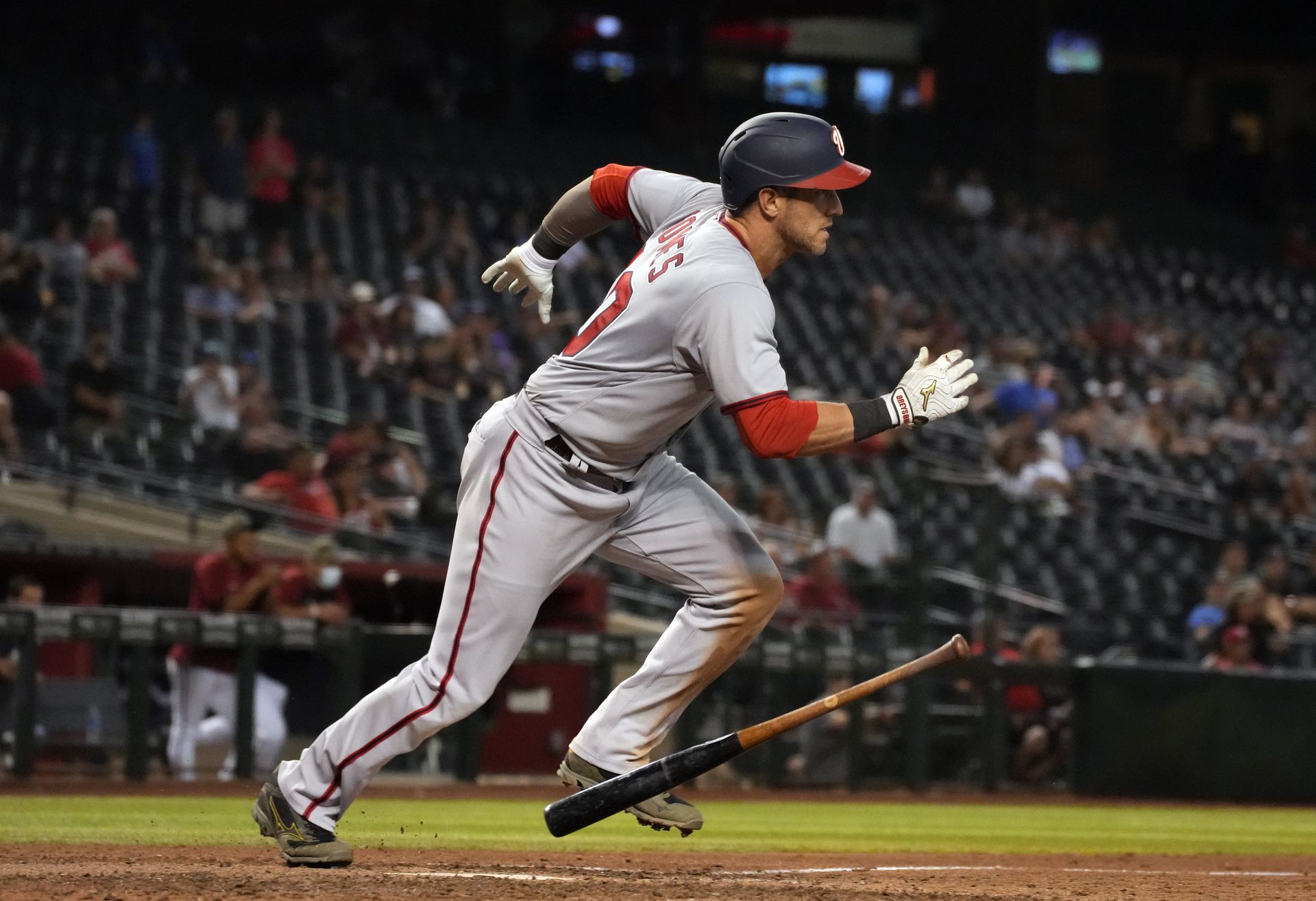 Washington Nationals catcher Yan Gomes (10) hits a single against the Arizona Diamondbacks in the ninth inning at Chase Field in Phoenix, Arizona on May 14, 2021.Photo by Rick Scuteri-USA TODAY Sports