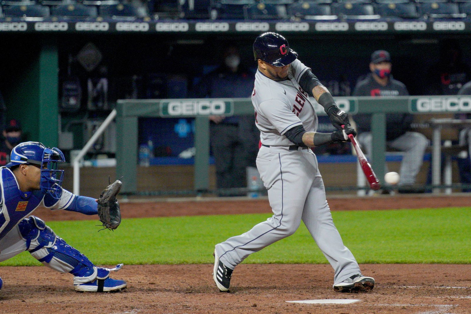 Cleveland Indians center fielder Harold Ramirez (40) hits a one-run single in the sixth inning against the Kansas City Royals at Kauffman Stadium in Kansas City, Missouri on May 4, 2021.Photo by Denny Medley-USA TODAY Sport