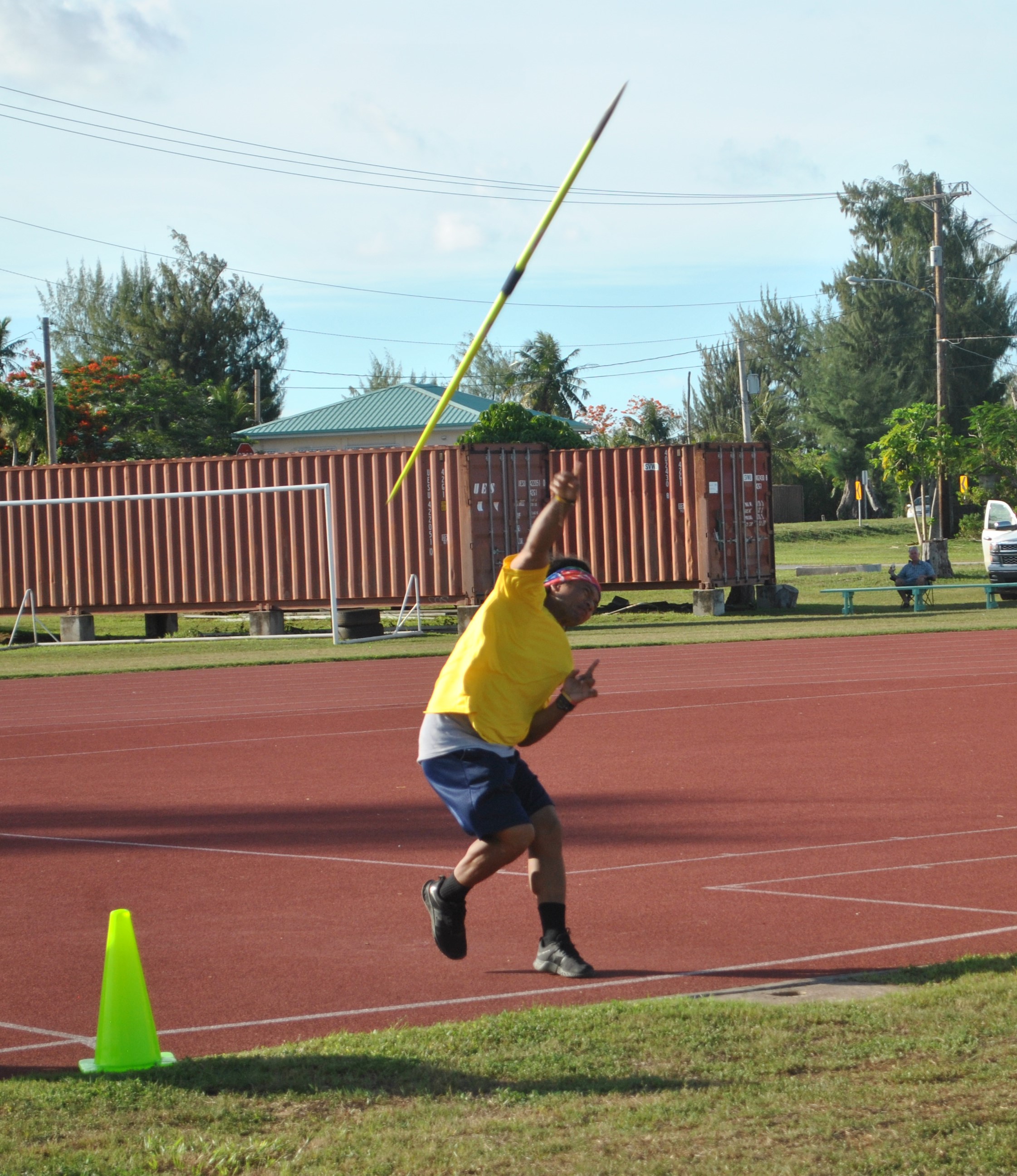 Orrin Pharmin throws the javelin during the  Northern Marianas Athletics Track & Field Open Meet 2021 at the Oleai Sports Complex on Saturday.