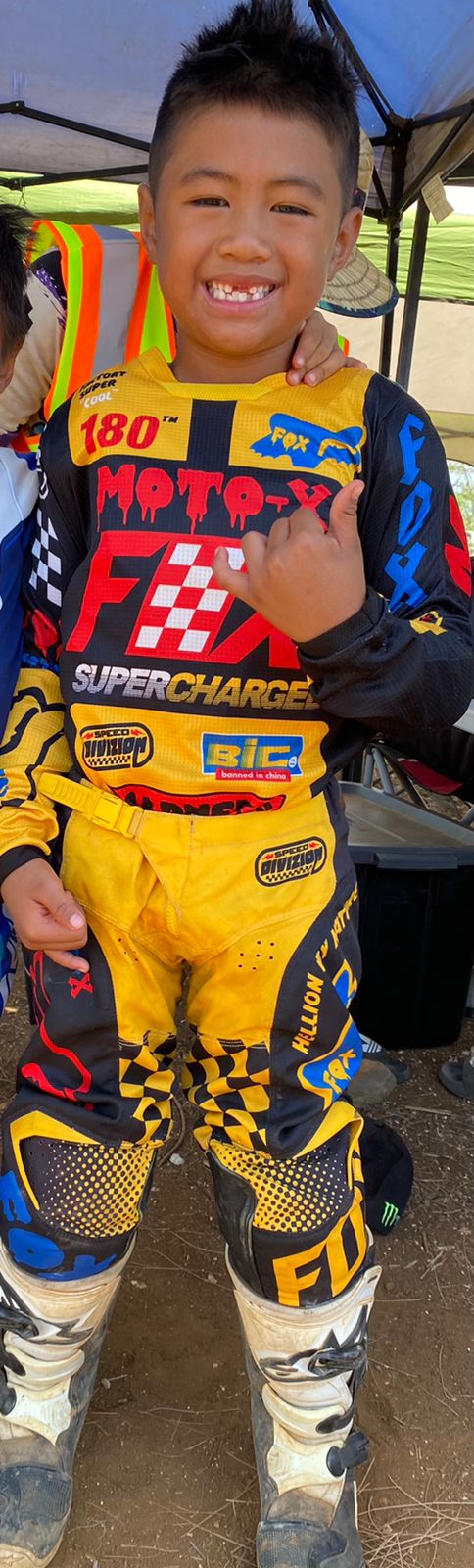 Jonoah "Zeek Da Freak" Santos,  8, leads the PeeWee II division on his KTM50SX dirtbike. His team: Naughty Natives.