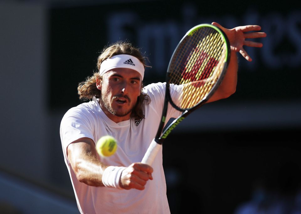 Greece's Stefanos Tsitsipas in action during the French Open final against Serbia's Novak Djokovic on June 13, 2021.