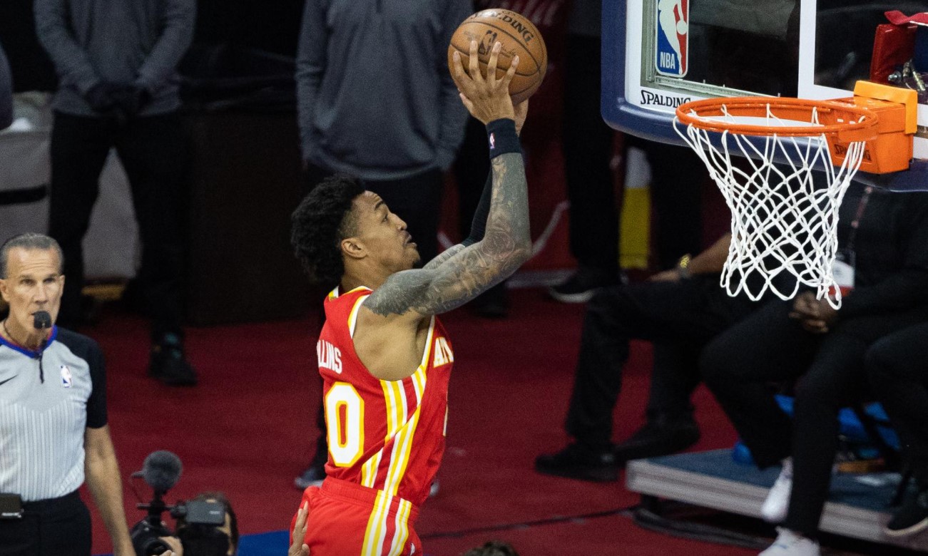 Atlanta Hawks forward John Collins (20) drives for a score against the Philadelphia 76ers during the second quarter in game two of the second round of the 2021 NBA Playoffs at Wells Fargo Center in Philadelphia, Pennsylvania on June 8, 2021.