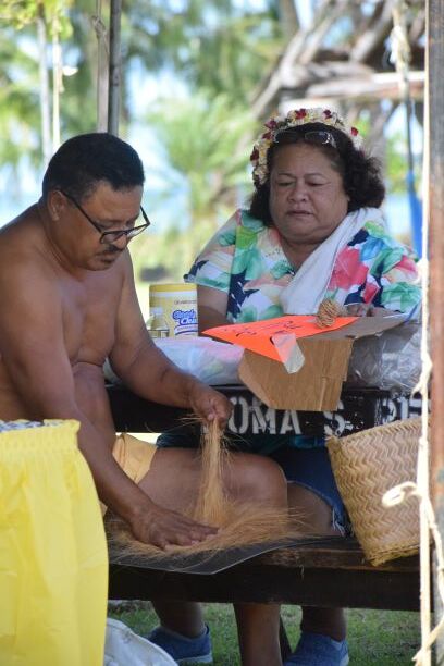 Former Yap Lt. Gov. James Yangetmai and wife Rep. Denita Yangetmai transform coconut husks into traditional ornaments.