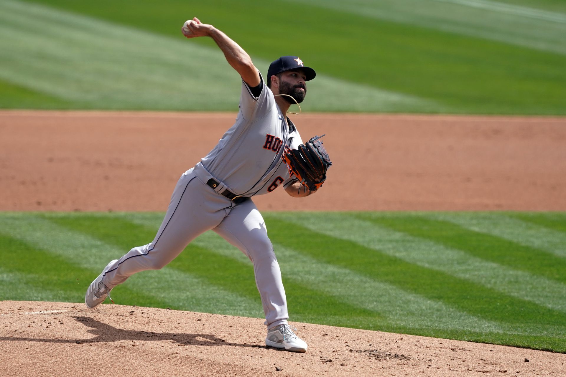 Houston Astros starting pitcher Jose Urquidy (65) throws a pitch during the first inning against the Oakland Athletics at RingCentral Coliseum in Oakland, California on April 4, 2021.