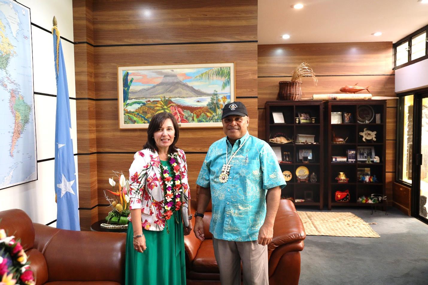 FSM President David W. Panuelo poses with U.S. Ambassador Carmen G. Cantor — this time wearing an adorable hat!