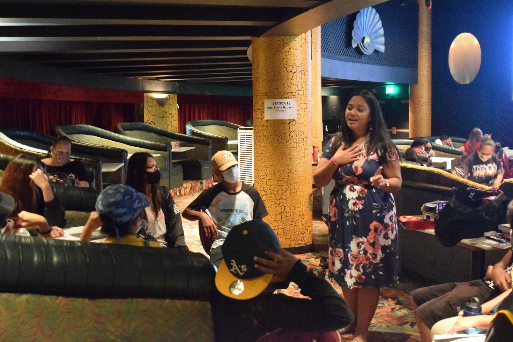 Rep. Sheila Babauta teaches a group of students how to stay calm while speaking in front of a crowd.