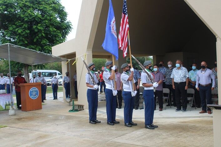 The Saipan Southern High School’s Manta Ray Battalion Color Guard retires the colors.