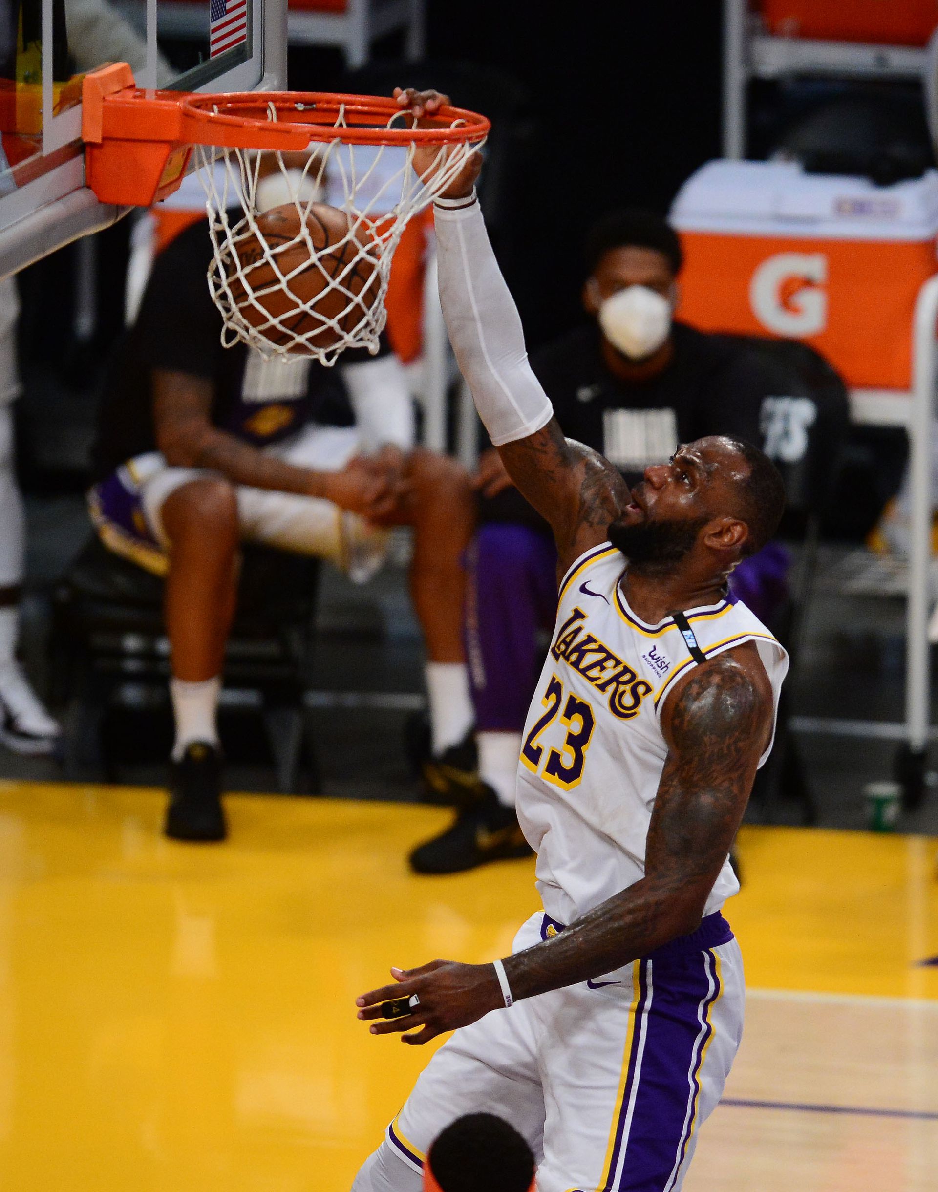 Los Angeles Lakers forward LeBron James (23) dunks for a basket against the Phoenix Suns during the second half in game four of the first round of the 2021 NBA Playoffs at Staples Center in Los Angeles, California, Sunday.Photo by Gary A. Vasquez-USA TODAY Sports