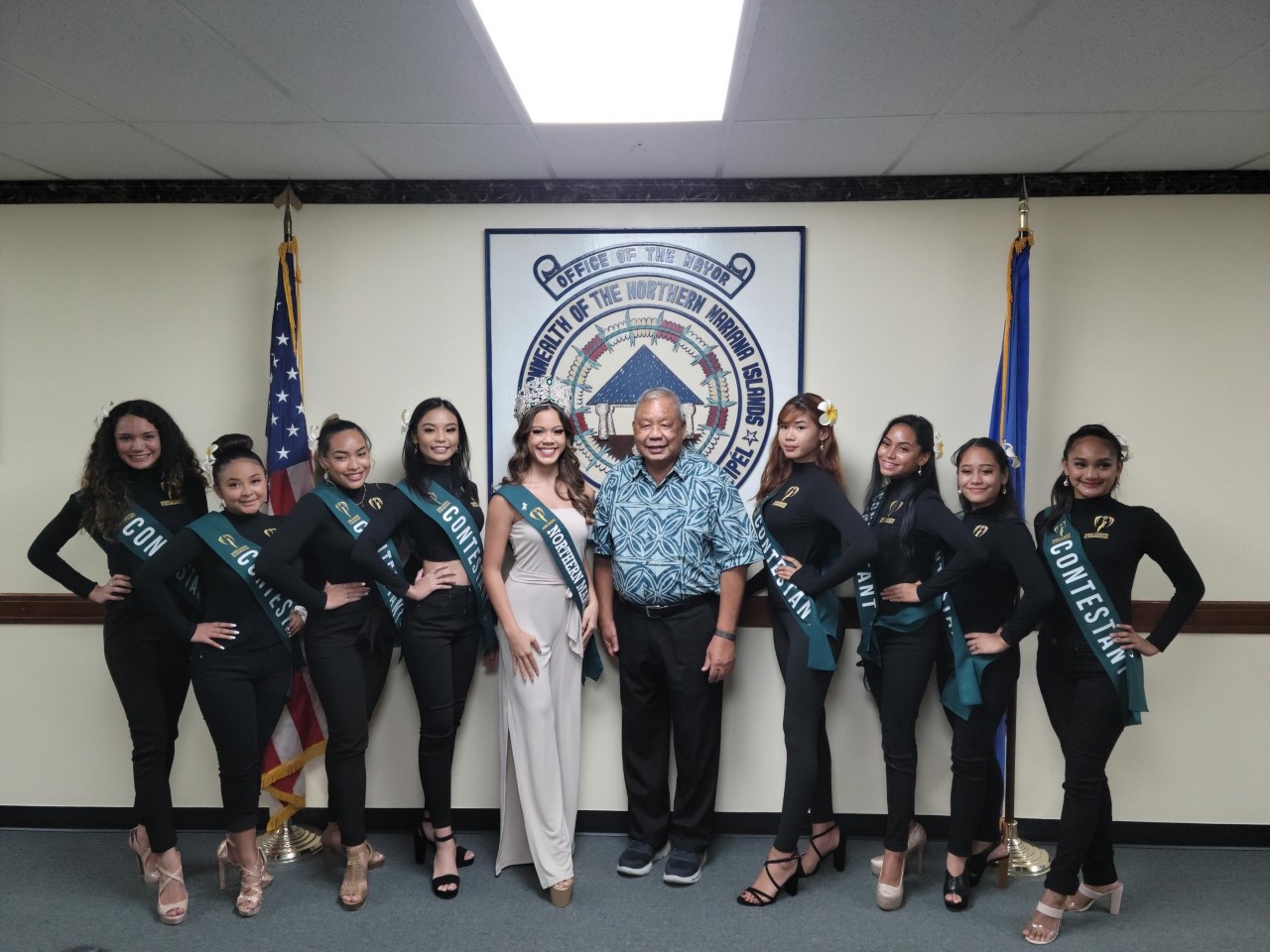 Miss NMI Earth 2020 Maria Lael Terlaje and Saipan Mayor David M. Apatang with this year’s Miss NMI Earth contestants.