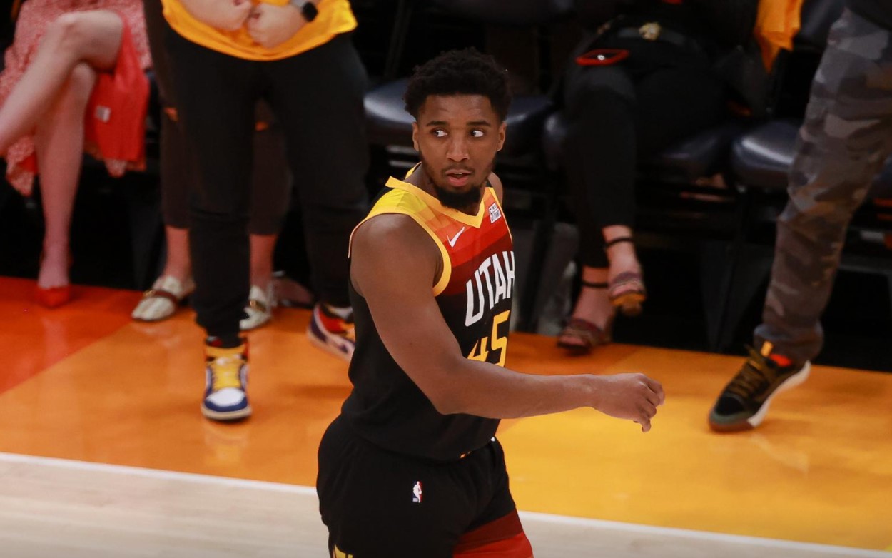 Utah Jazz guard Donovan Mitchell (45) reacts after scoring a three point buzzer beater against the Memphis Grizzlies during the second quarter in game five of the first round of the 2021 NBA Playoffs at Vivint Arena in Salt Lake City, Utah on June 2, 2021.
