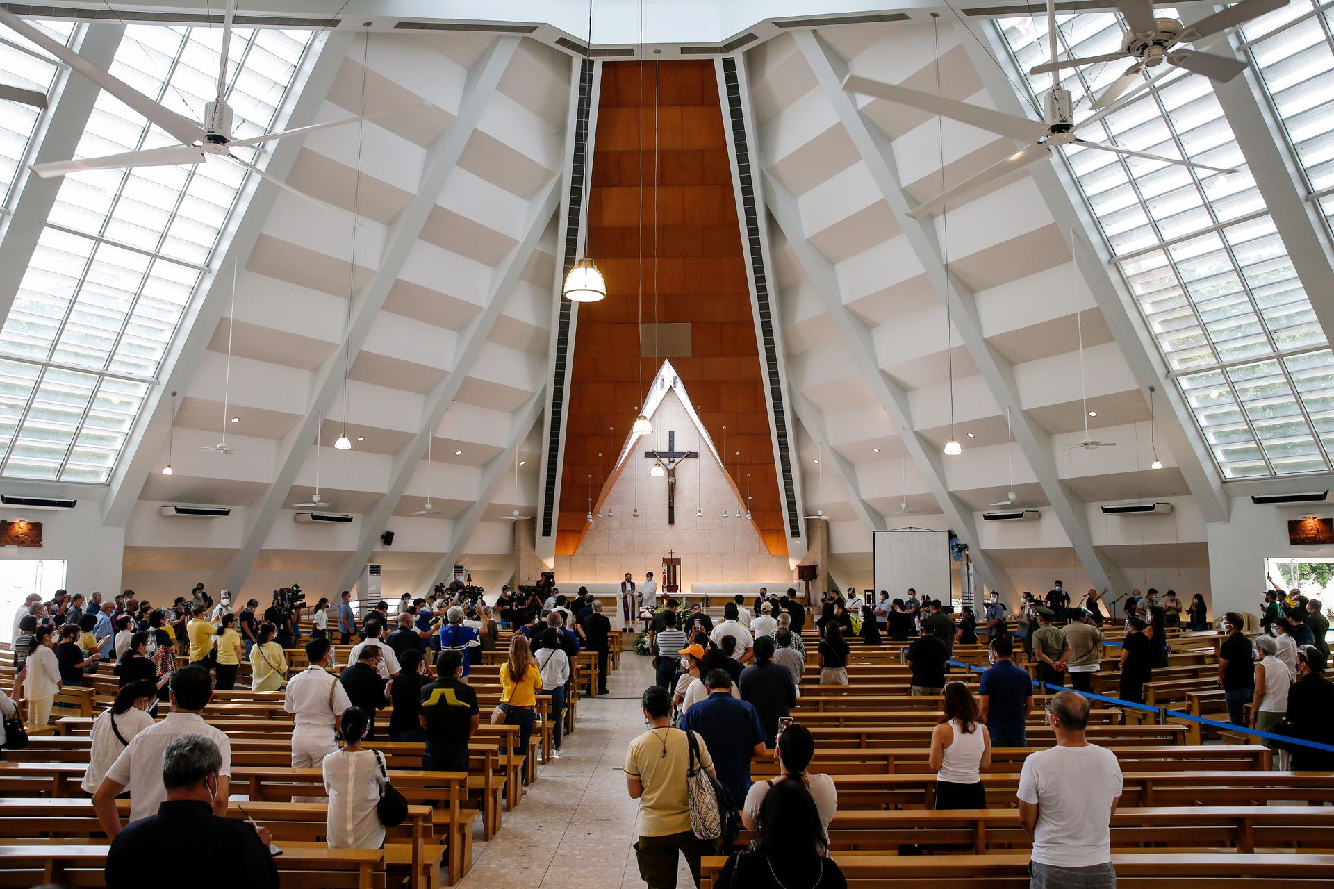 A general view of the public viewing of former Philippine President Benigno Aquino at the Church of Gesu, Ateneo de Manila University in Quezon City, Metro Manila, June 25, 2021.  
