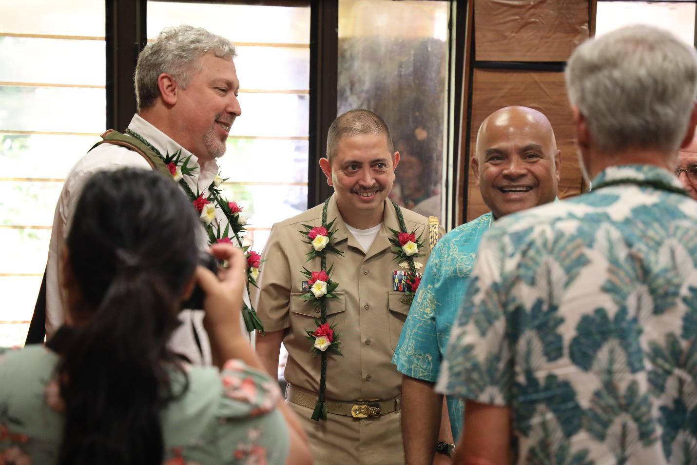 FSM President David W. Panuelo greets the U.S. Embassy staff: economic/consular officer Frank Talluto, U.S. defense attaché Cmdr. Thomas Price and Public Affairs Officer Andrew Posner.