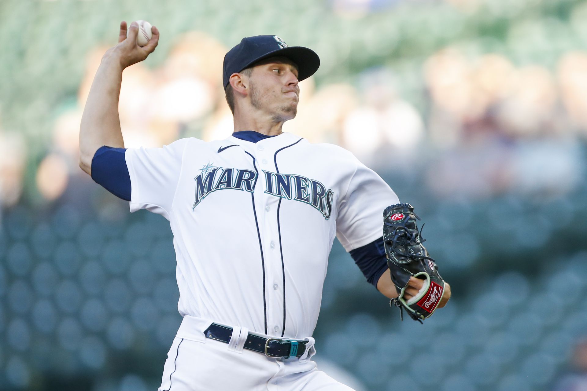 Seattle Mariners starting pitcher Chris Flexen (77) throws against the Minnesota Twins during the first inning at T-Mobile Park in Seattle, Washington.