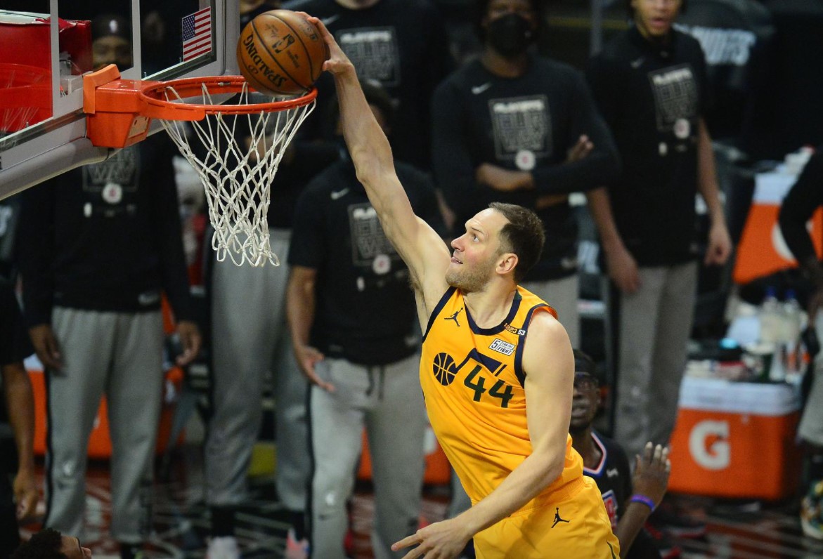 Utah Jazz forward Bojan Bogdanovic (44) dunks for a basket against the Los Angeles Clippers during the first half in game four in the second round of the 2021 NBA Playoffs at Staples Center in Los Angeles on June 14, 2021.