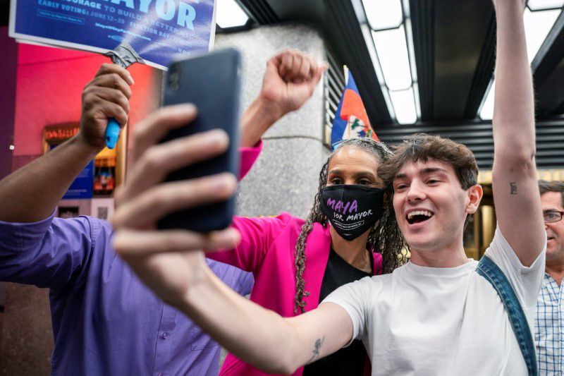 Maya Wiley, Democratic candidate for New York City Mayor, takes a photo with supporters after participating in the Democratic primary debate in New York City on June 16, 2021.