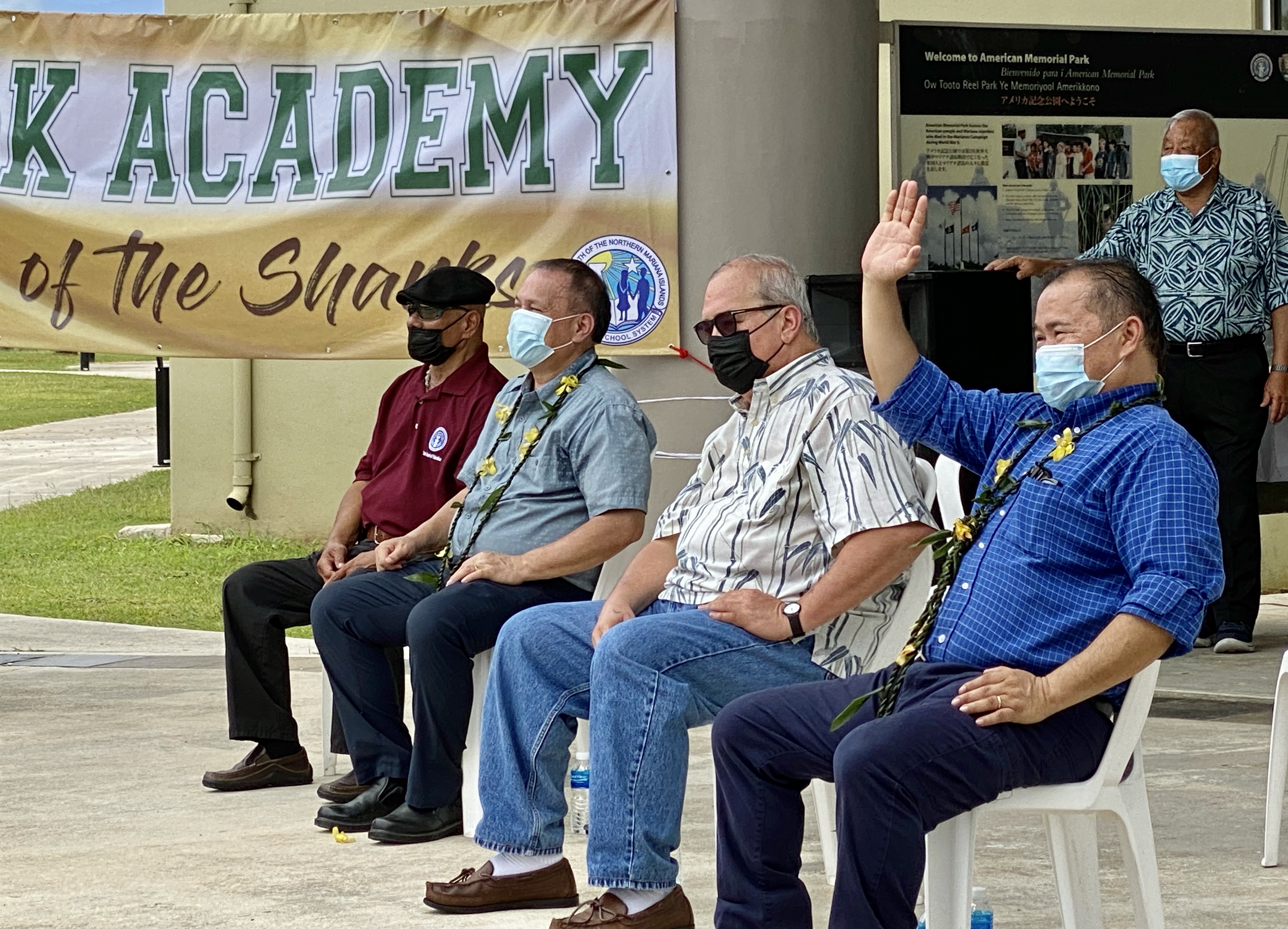 Joining the senior students of the Da’ok Academy Class of 2021 during their graduation on June 3, 2021 at American Memorial Park were Commissioner of Education Dr. Alfred B. Ada, U.S. Congressman Gregorio Kilili Camacho Sablan, Board of Education Chairman Andrew L. Orsini, and Vice Chairman Herman Atalig. Standing behind them is Saipan Mayor David M. Apatang.