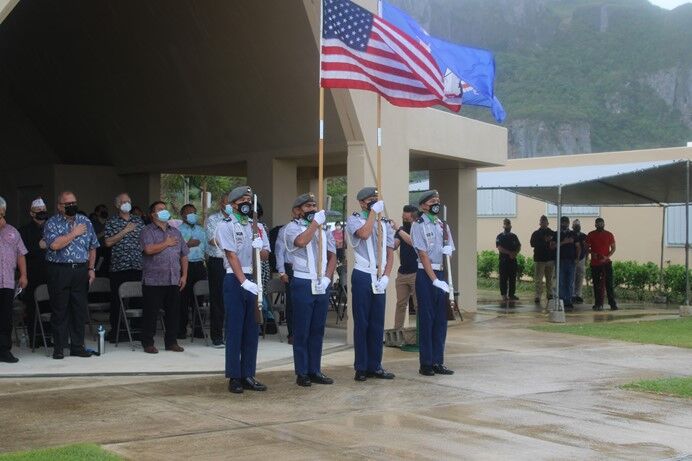The Saipan Southern High School’s Manta Ray Battalion Color Guard presents the U.S. and CNMI flags.