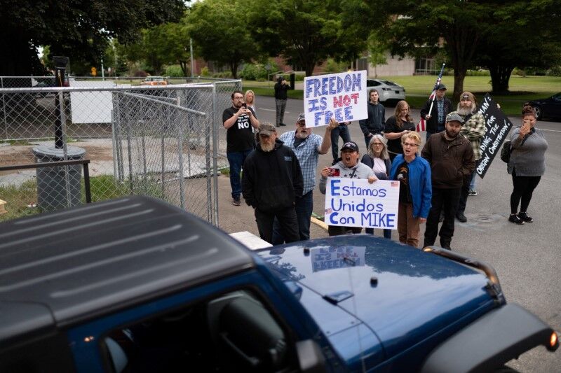 Supporters of state Rep. Mike Nearman heckle Oregon legislators, after they voted 59-1 to expel him on June 10, 2021 for letting protesters into the state Capitol during a session in Dec. 2020 in Salem, Oregon.