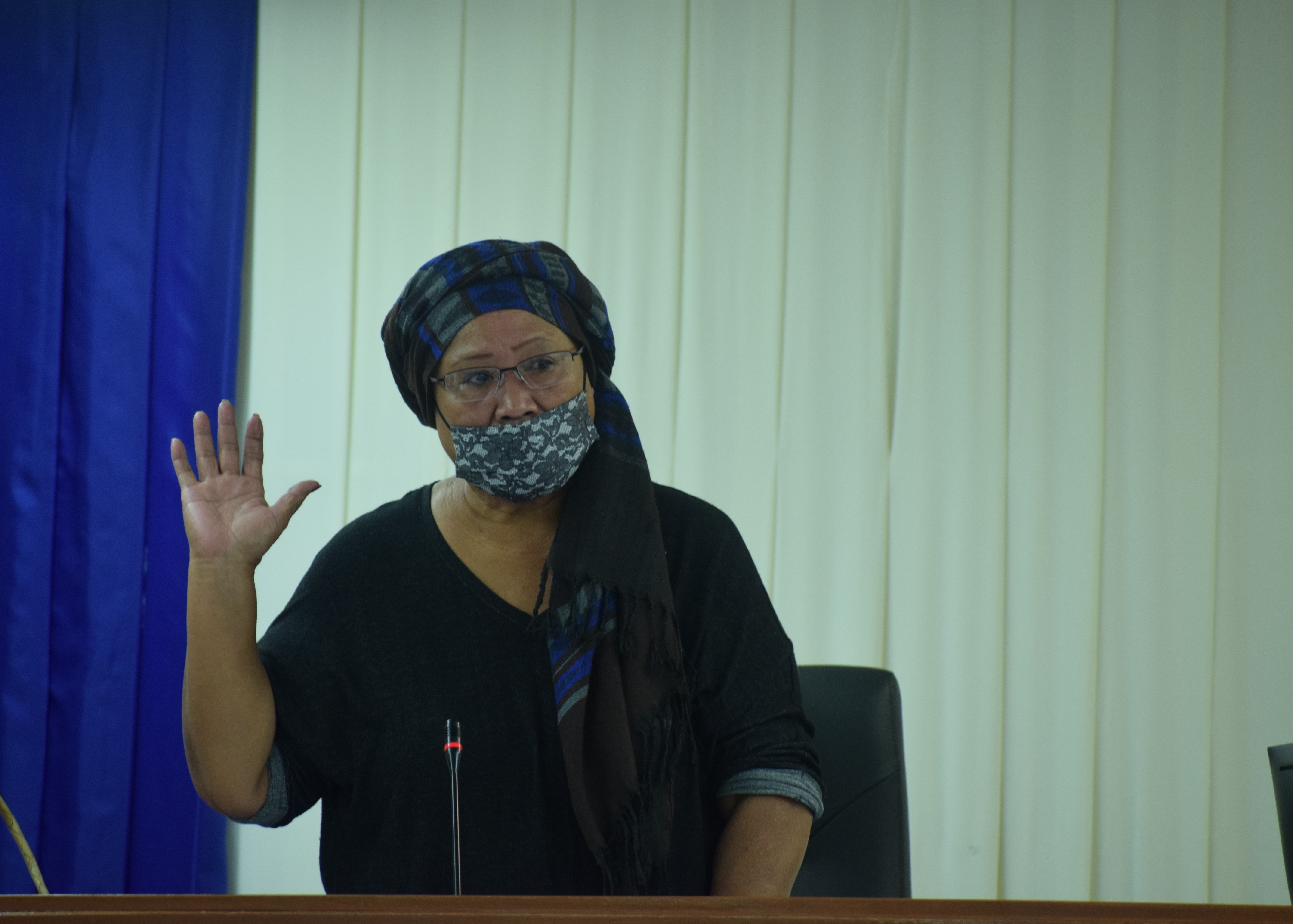 Certified translator Florence Kirby is sworn in at the beginning of the hearing on Gov. Ralph DLG Torres' public spending conducted by the House Committee on Judiciary and Governmental Operations on Friday.