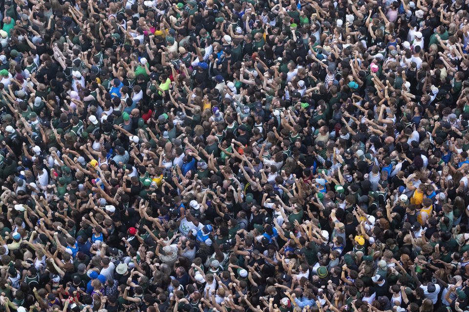 Fans pack the Deer District during game six of the 2021 NBA Finals at Fiserv Forum in Milwaukee, Wisconsin on July 20, 2021.