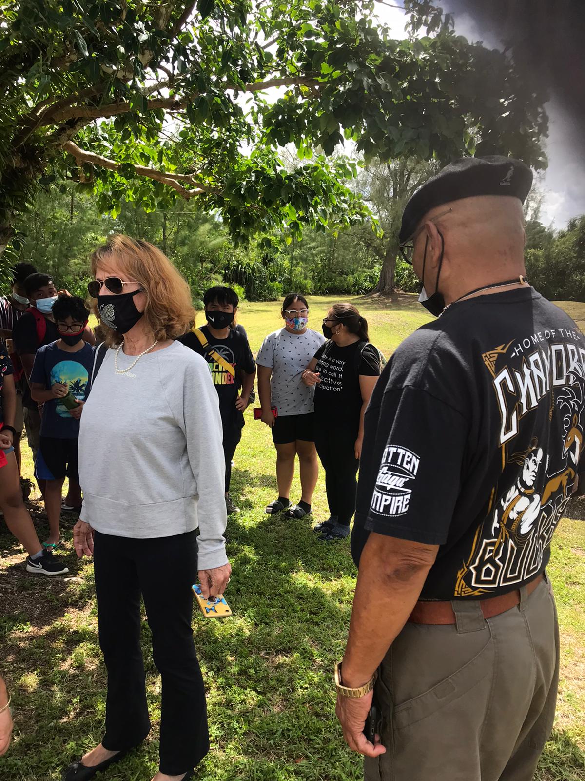 Dr. Rita H. Inos Junior-Senior High School principal D. Tanya King and Board of Education Vice Chairman Herman Atalig meet the boot-camp participants during one of the students’ outdoor activities.