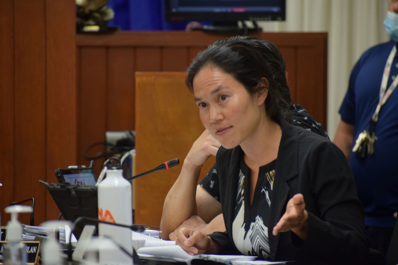 Rep. Tina Sablan gestures as she asks a question during the continuation of the House Committee on Judiciary and Governmental Operation's oversight hearing on the governor's public expenditures.