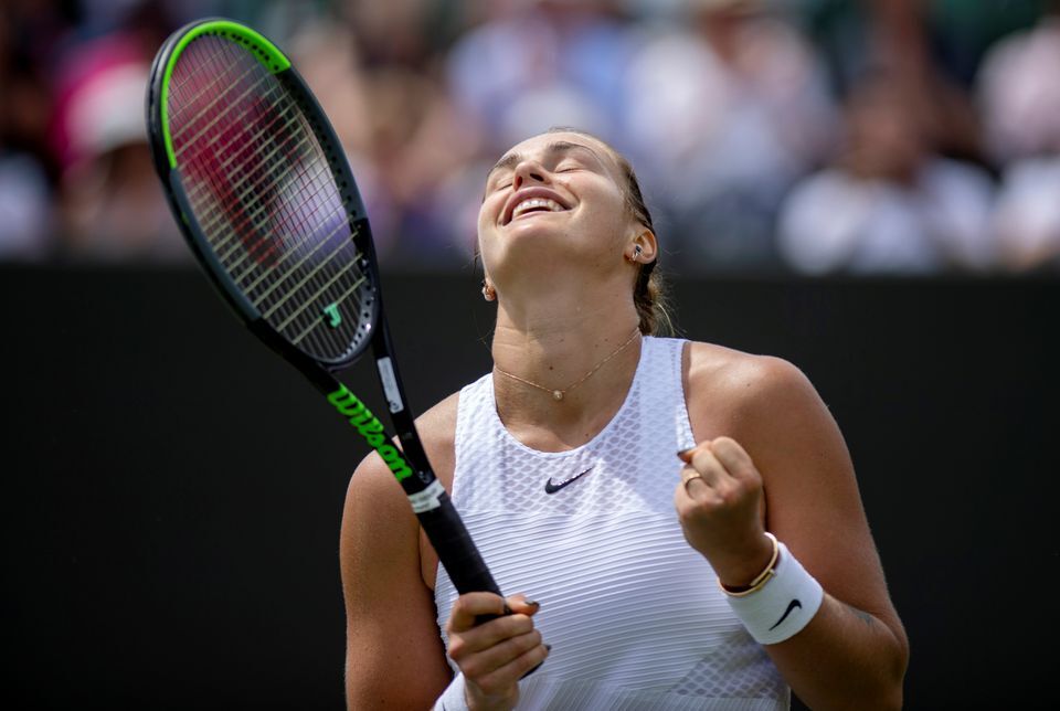 Belarus' Aryna Sabalenka celebrates winning her fourth round match against Kazakhstan's Elena Rybakina at Wimbledon in London on July 5, 2021.