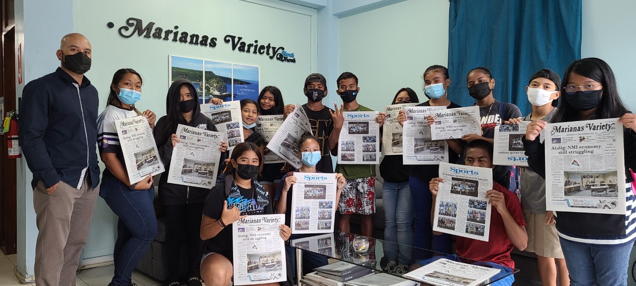 On Wednesday, July 14, the visiting FMS Middle School students of teacher Nina Manglona pose for a photo with Variety president Amier C. Younis.